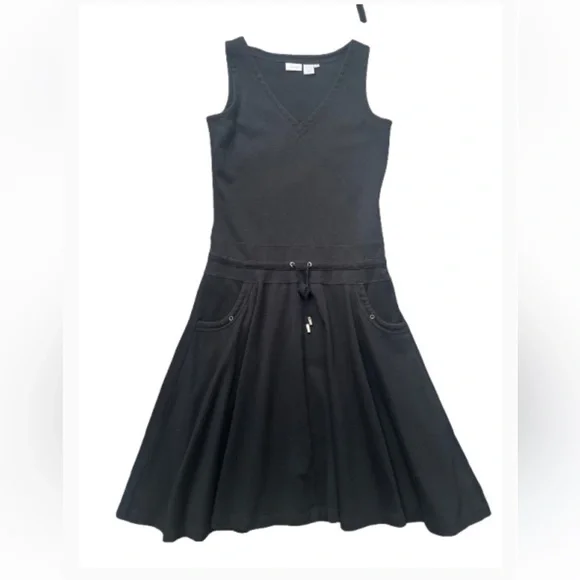 Spiegel Black V Neck Sleeveless Casual Dress with drawstring waist and pockets - Picture 1 of 6